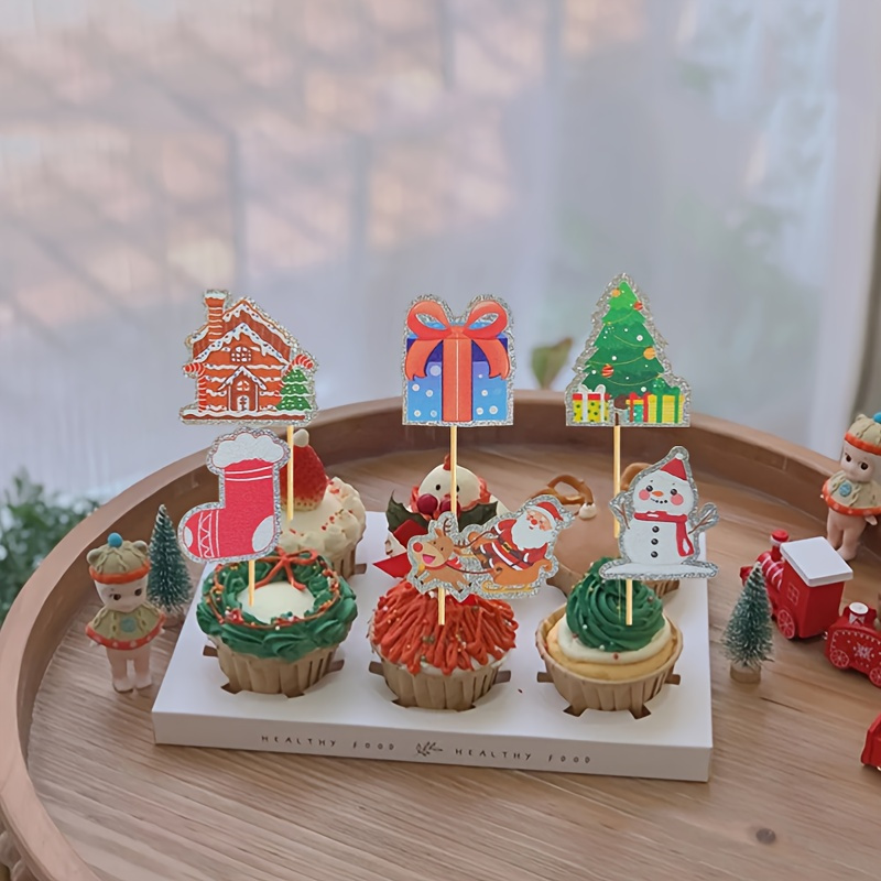 Santa Claus gift box Train Tree Merry Christmas Cake Toppers Happy New Year  Decorations Party Baking Supplies