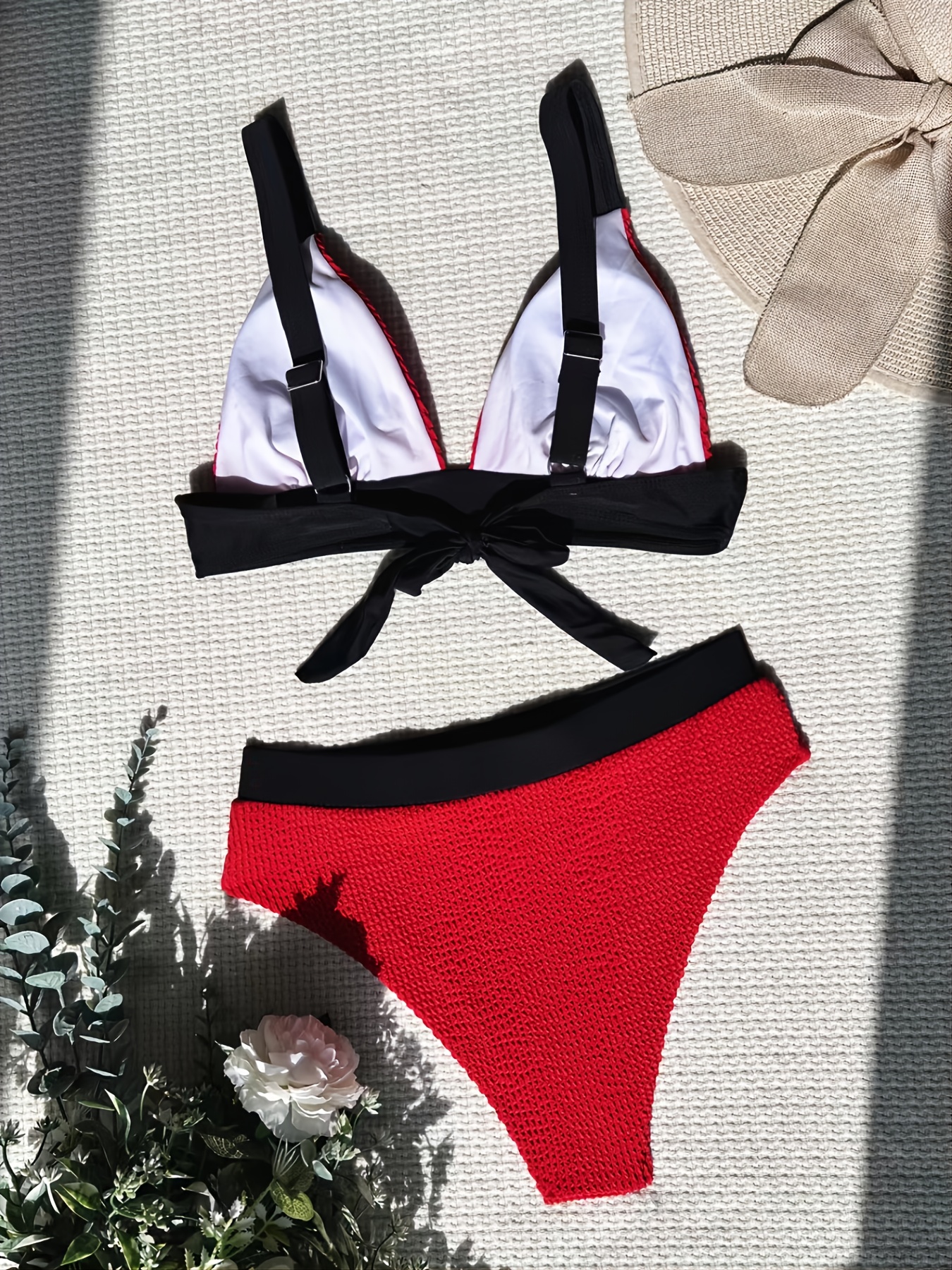 Womens Color Block Ribbed Knit Bikini Set Contrast Trim 2 Piece Swimsuits S- XL
