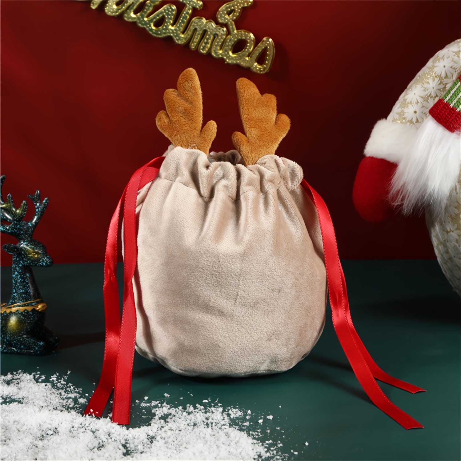 1pc Velvet Gift Bag Christmas Drawstring Bag With Reindeer Temu