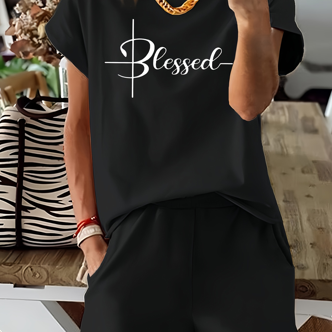 

Women's "blessed" Letter Print Two-piece Set - Casual Black Short Sleeve T-shirt & High-waisted Shorts, Soft Polyester , Machine Washable