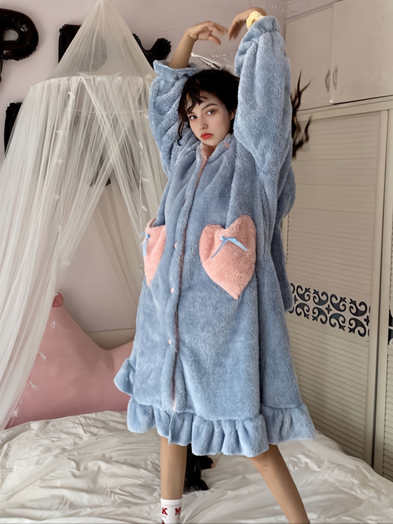* Hooded Bathrobe, Warm & Fuzzy Ruffle Lounge Robe With Pockets For  Valentine's Gifts, Casual & Comfy Robes, Women's Sleepwear