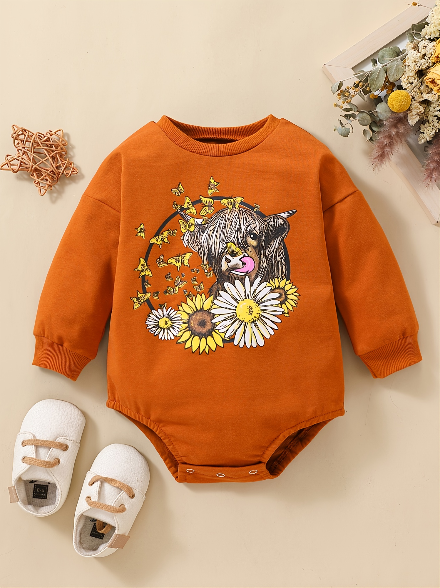 Baby Cartoon Cow & Floral Print Cotton Long Sleeve Hoodie - Temu