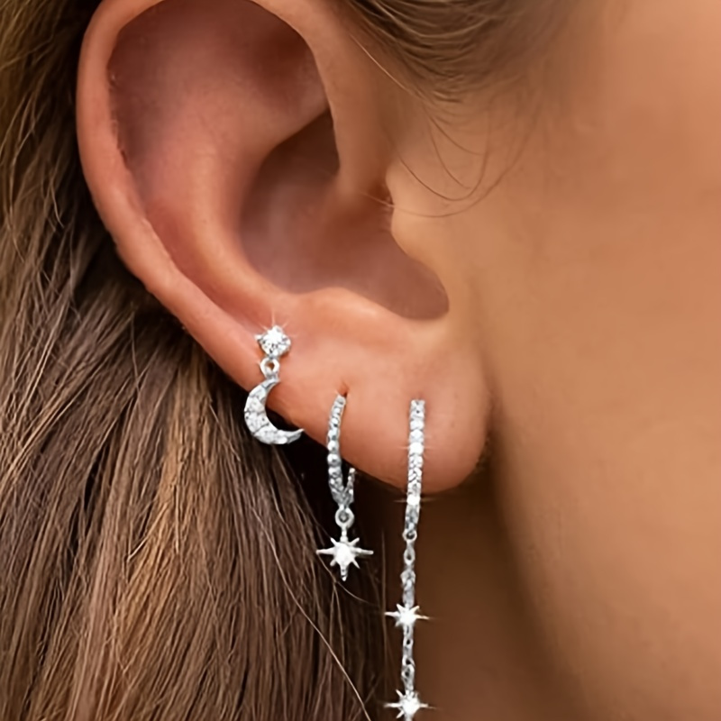 

Elegant 3-piece Earring Set For Women - Silvery Moon, Star & Butterfly Designs With Green Cz Accents - Perfect Gift For Any Occasion