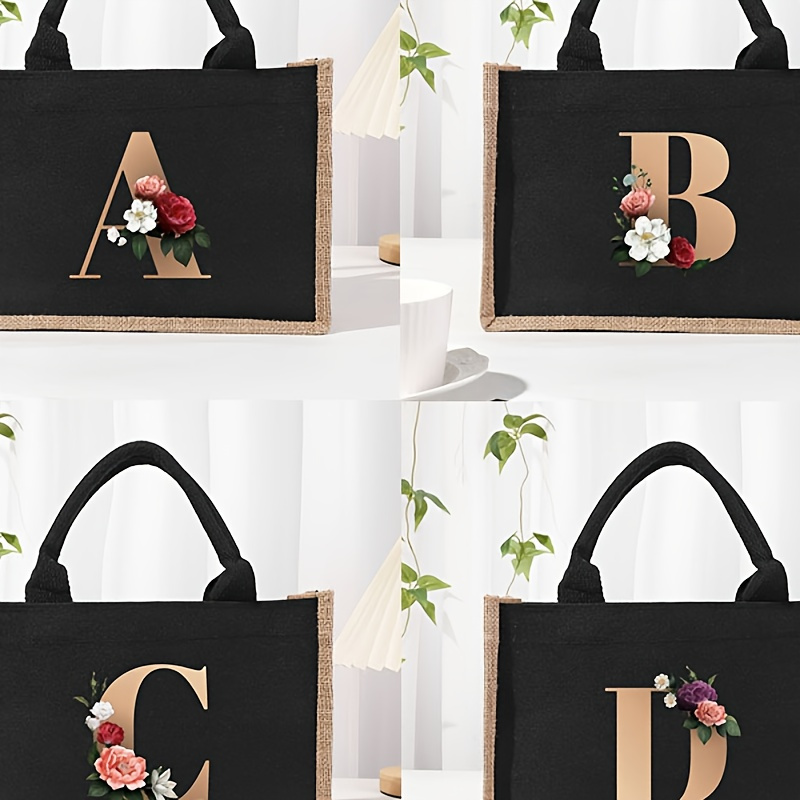 

Canvas Tote Bag With Golden Letter Print And Floral - And Gift