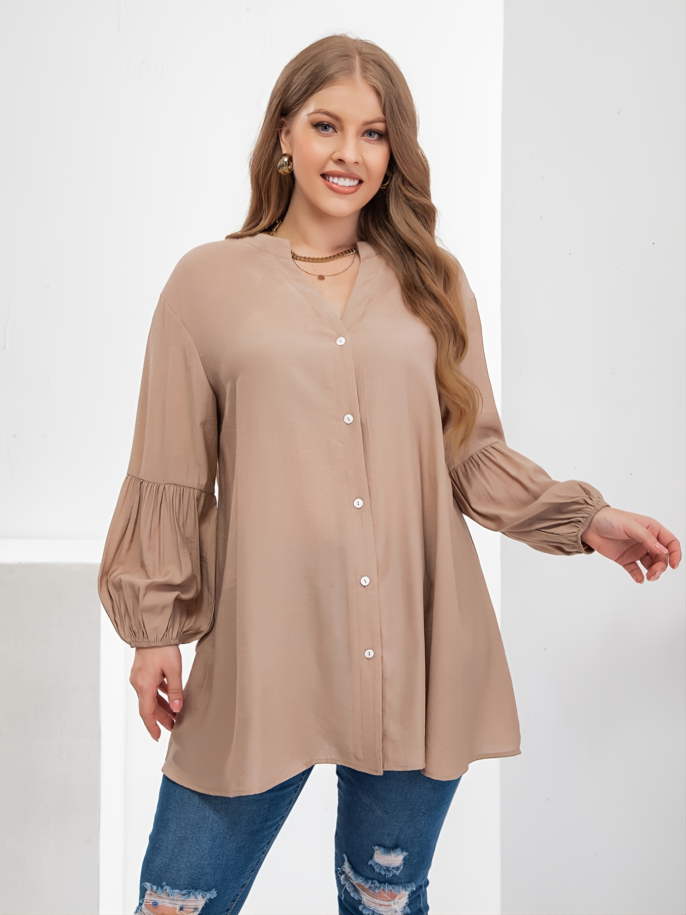 Tunic Front Pleated Pockets Top Crew Neck Long Sleeve Loose - Temu