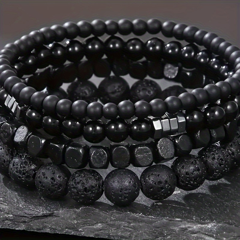 

Vintage Simple Style Natural Stone Bracelet Set, 4-piece Unisex Black Onyx & Lava Bead Stackable Bracelets, August Birthstone, Daily & Banquet Wear, Gift For Elders