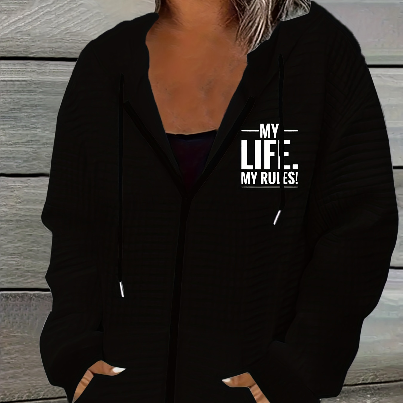 

Cozy Chic Hoodie - Soft Polyester, Letter Print, Zip-up Front, Long Sleeve, Machine Washable, Fall And Winter Casual Wear