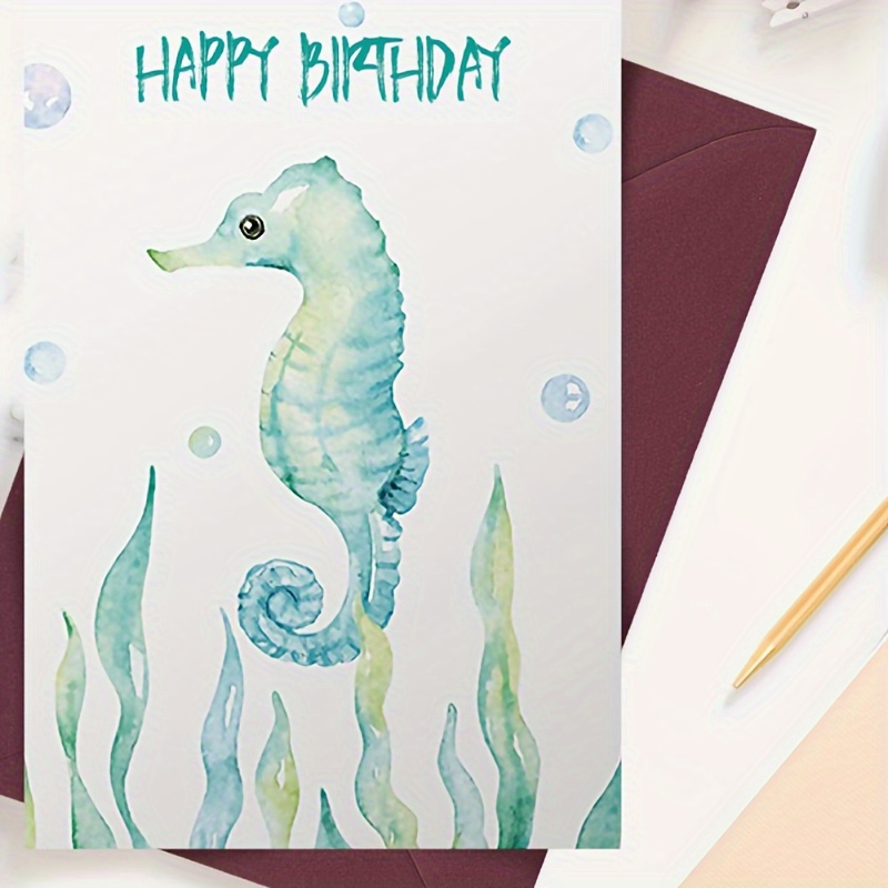 

1pc, Cute Seahorse Is Swimming In A 1pc Birthday Card. This Seahorse's Body Presents A Light Blue-green Color, Making It Suitable As A Gift Card For Giving To Family And Friends