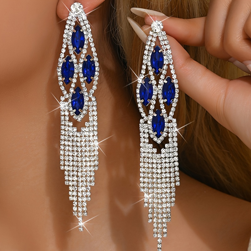 

Luxury Bohemian Style Elegant Long Tassel Dangle Earrings With Blue Rhinestones For Women, Fashion Sparkling Dangle Studs, Glamorous Jewelry Accessory