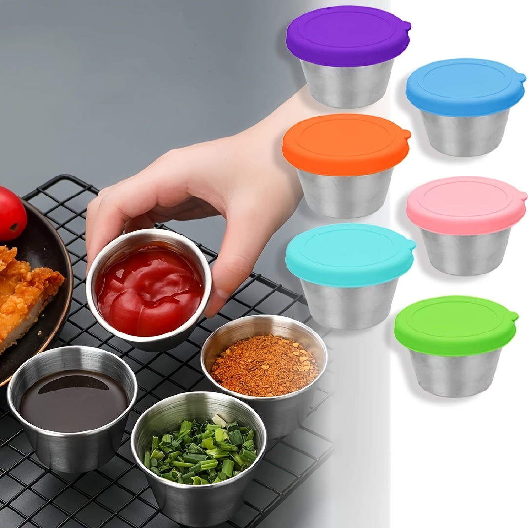 6pcs Salad Dressing Container, 1.7oz/50ml Leak-proof Stainless Steel &  Silicone Sauce Cups With Lid, Reusable Small Seasoning Containers, Suitable  For Lunch Box, Easy To Open, Picnic & Travel