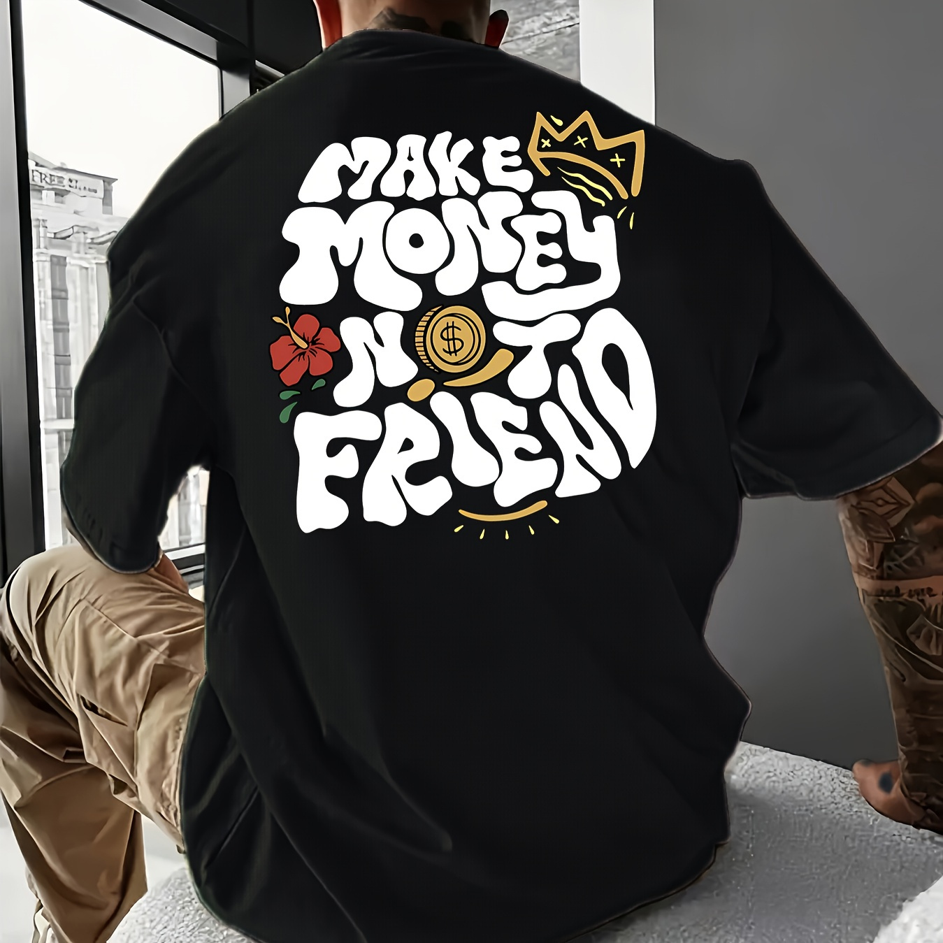 

' Make Money Not Friends 'creative Print Men's Short Sleeve T-shirt, Casual Round Neck Top, Versatile And Comfortable Tee, Spring& Summer Collection