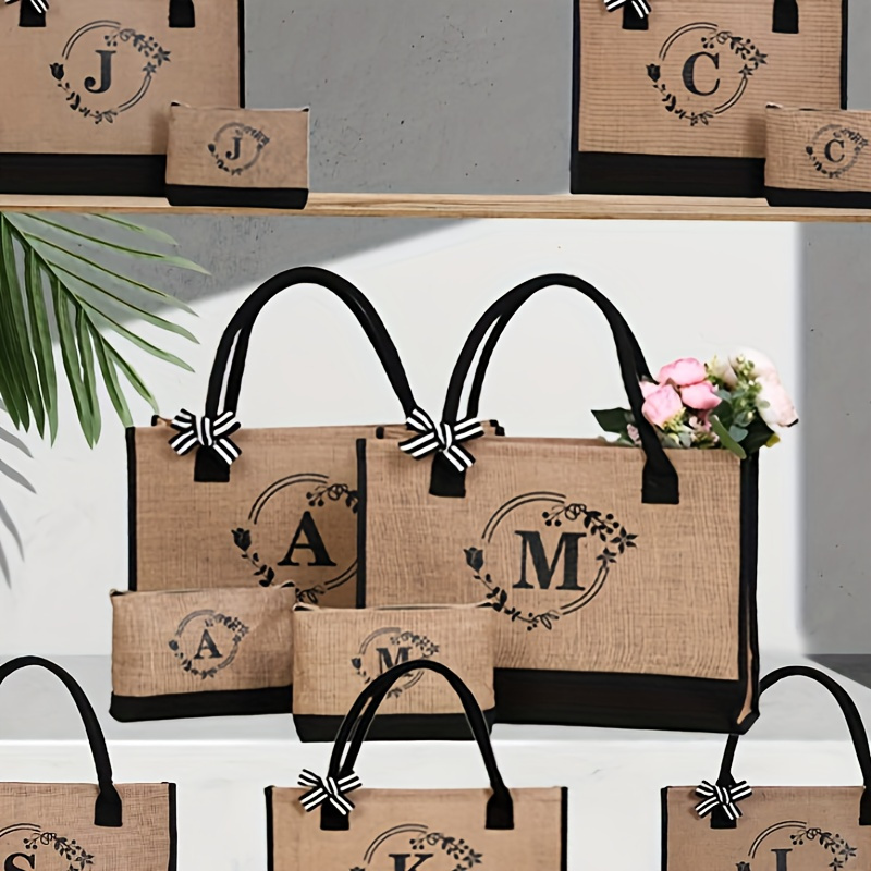 

Letter Garland Burlap Print Tote Bags, Large Capacity Durable Reusable Canvas Bags For Outdoor Picnic, Party, Travelling, Daily Commute