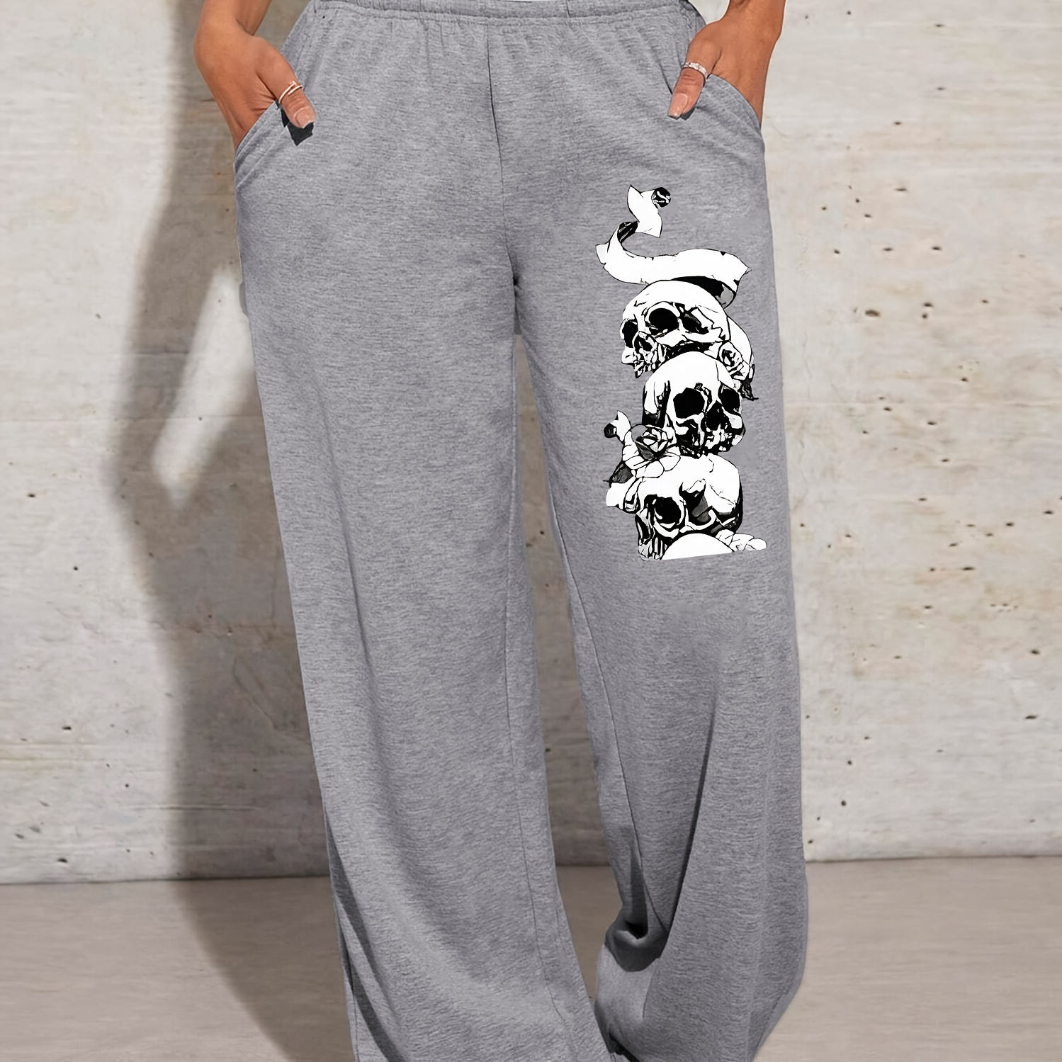 

1pc K6 Women's Skull Print High-waisted Sweatpants, , Knitted Polyester Fabric, Loose-fit With Pockets, Cartoon Pattern, Long Trousers For All