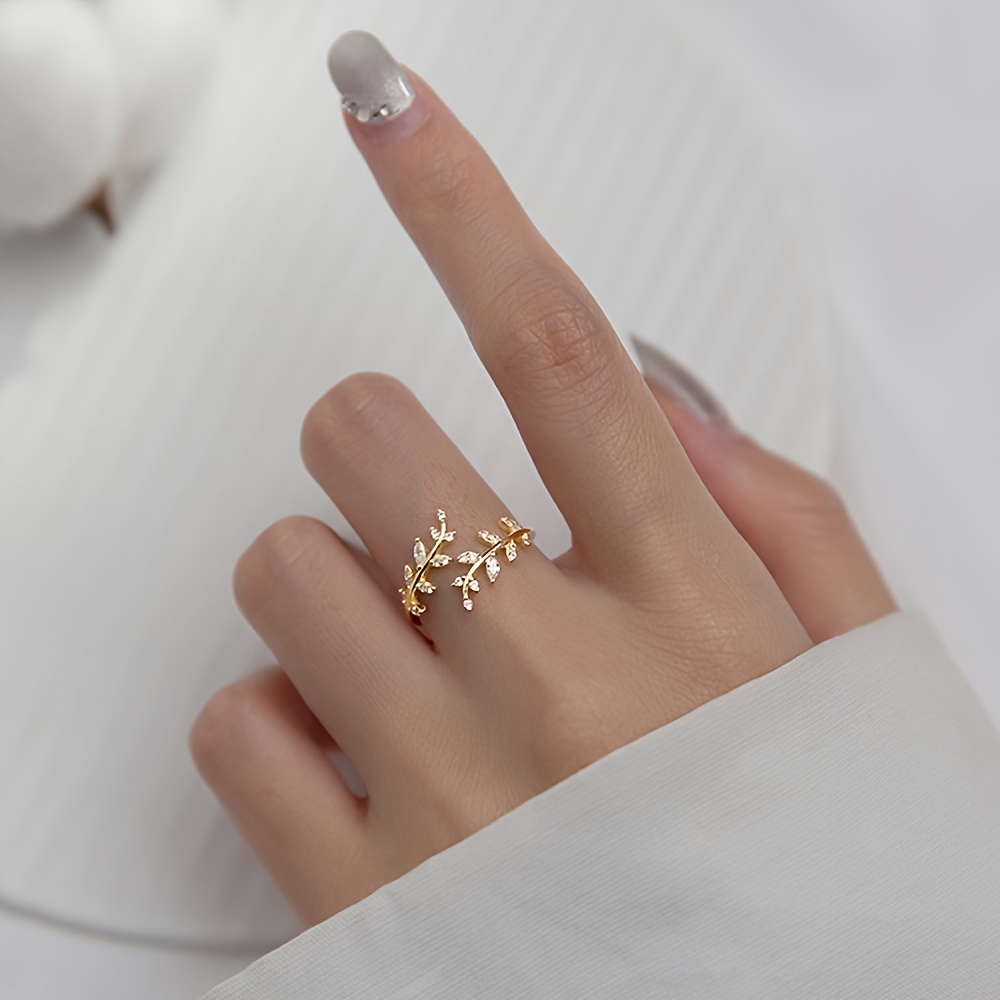 Elegant Finger Ring Leaf Shape Zircon Adjustable Open Cuff - Temu