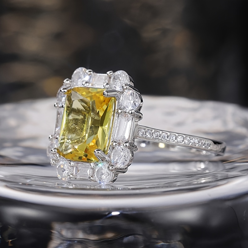 Princess Square Cut Citrine & Cubic Zirconia Silver Ring