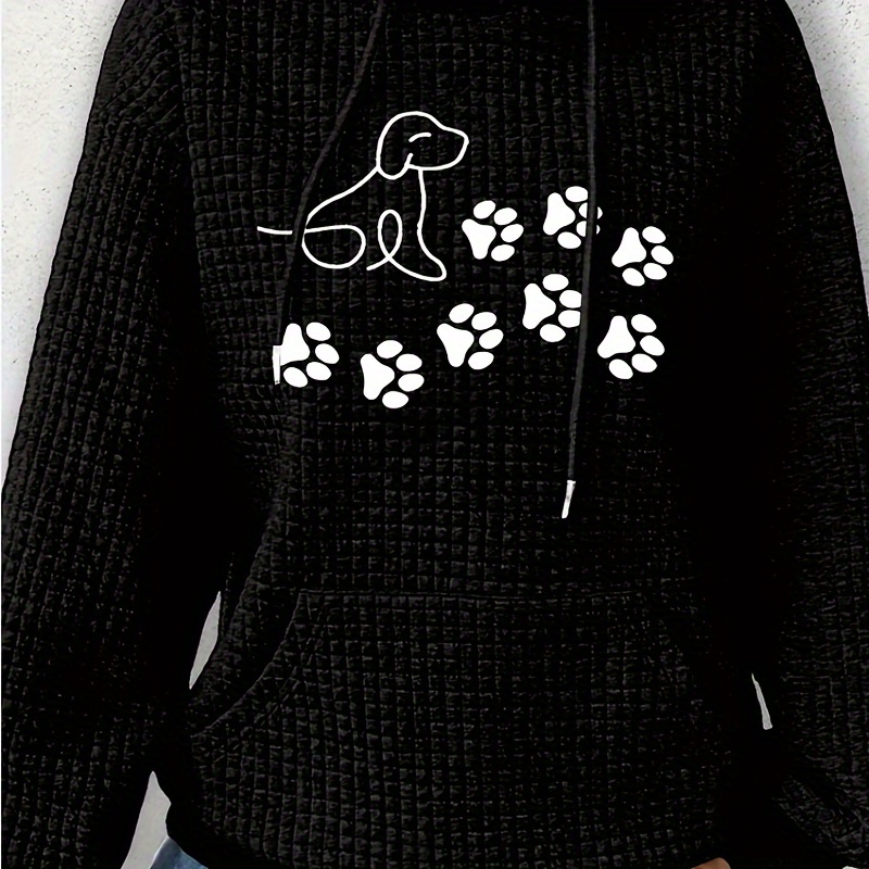 

Plus Size Casual Long Sleeve Sweatshirt For Women, Women's Trend Casual Waffle Knit Drawstring Hoodie With Big Pocket, Cartoon Puppy Pattern