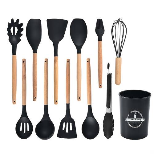 Silicone Kitchen Utensil Cooking Shovel Wooden Handle Cooking Set of 12