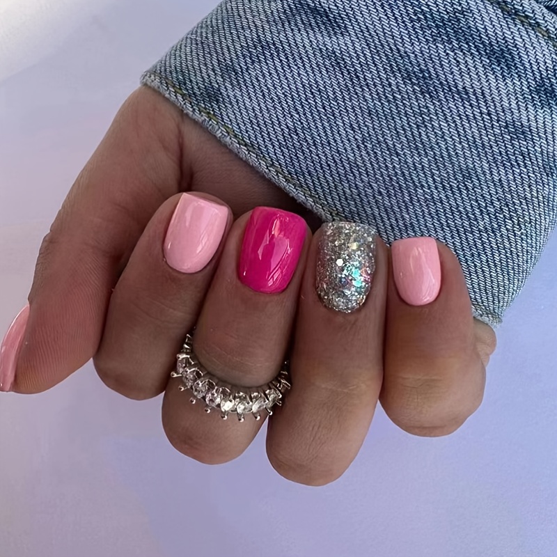 

24pcs Glossy Short Square Fake Nails, Summer Hot Pink Press On Nails With Silvery Glitter Design, Sweet Cool False Nails For Women Girls