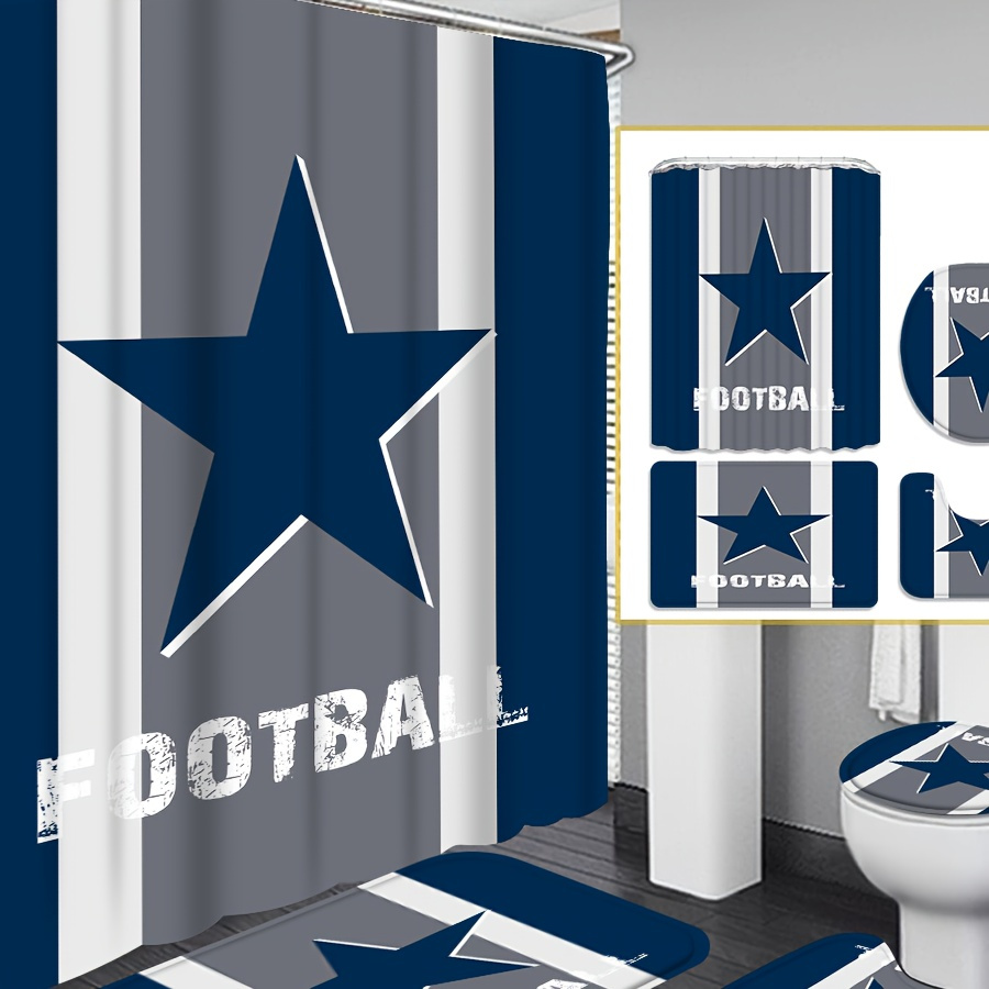 

4pcs Texas Curtain Sets, Football Bathroom Shower Curtain, Bath Mat, Toilet Lid Rug, Non-slip U Shape Mat, Athlete Bathroom Decor Sets, Home Decor Accessories, 12 C Type Hooks, Waterproof, " X