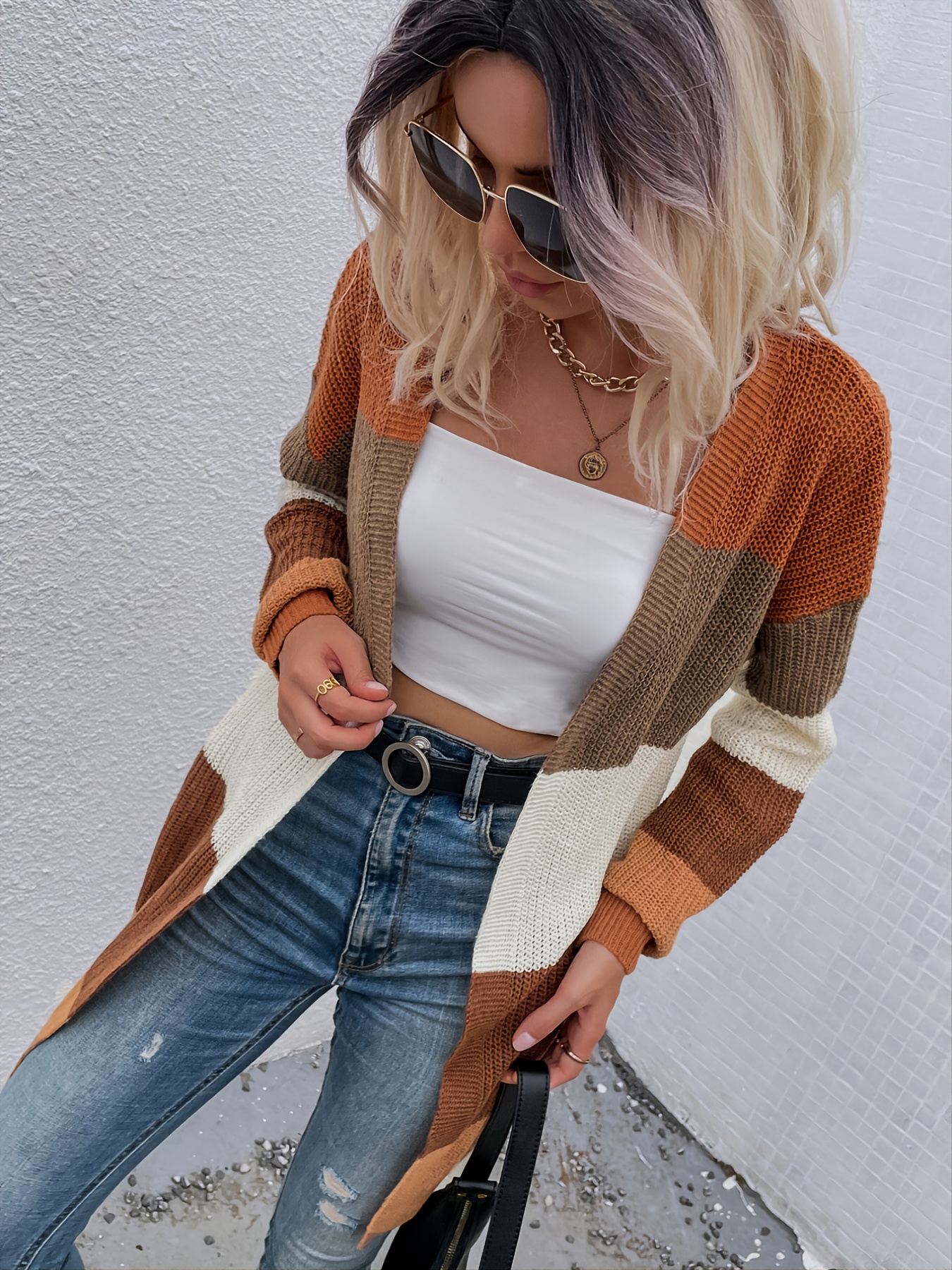 Striped Colorblock Loose Cardigans Casual Drop Shoulder Long - Temu