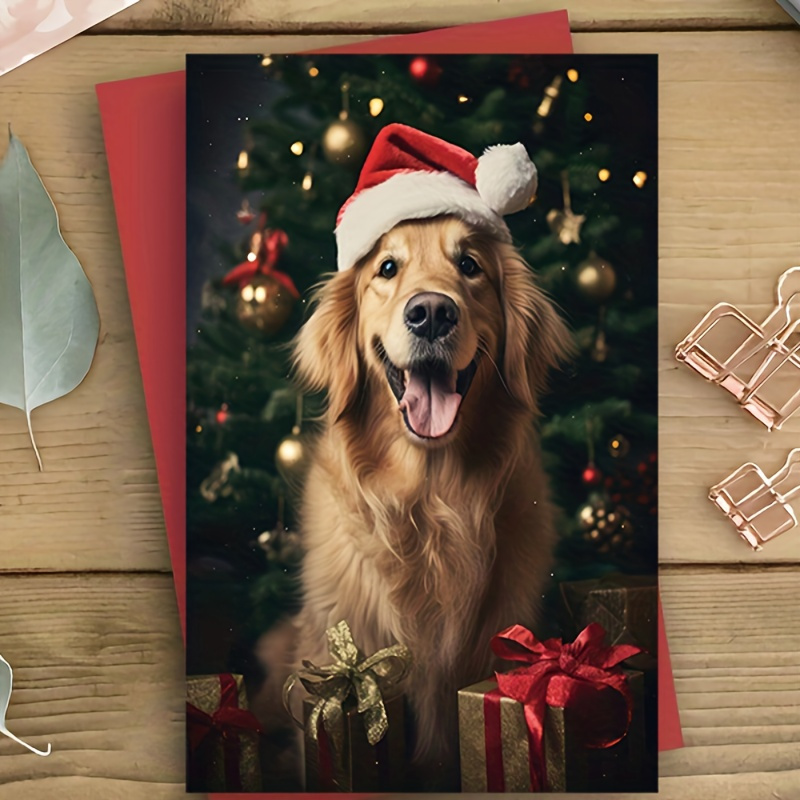 

Golden Retriever Christmas Card With Hat & Gifts - Family & Friends, Holiday Greeting Stationery