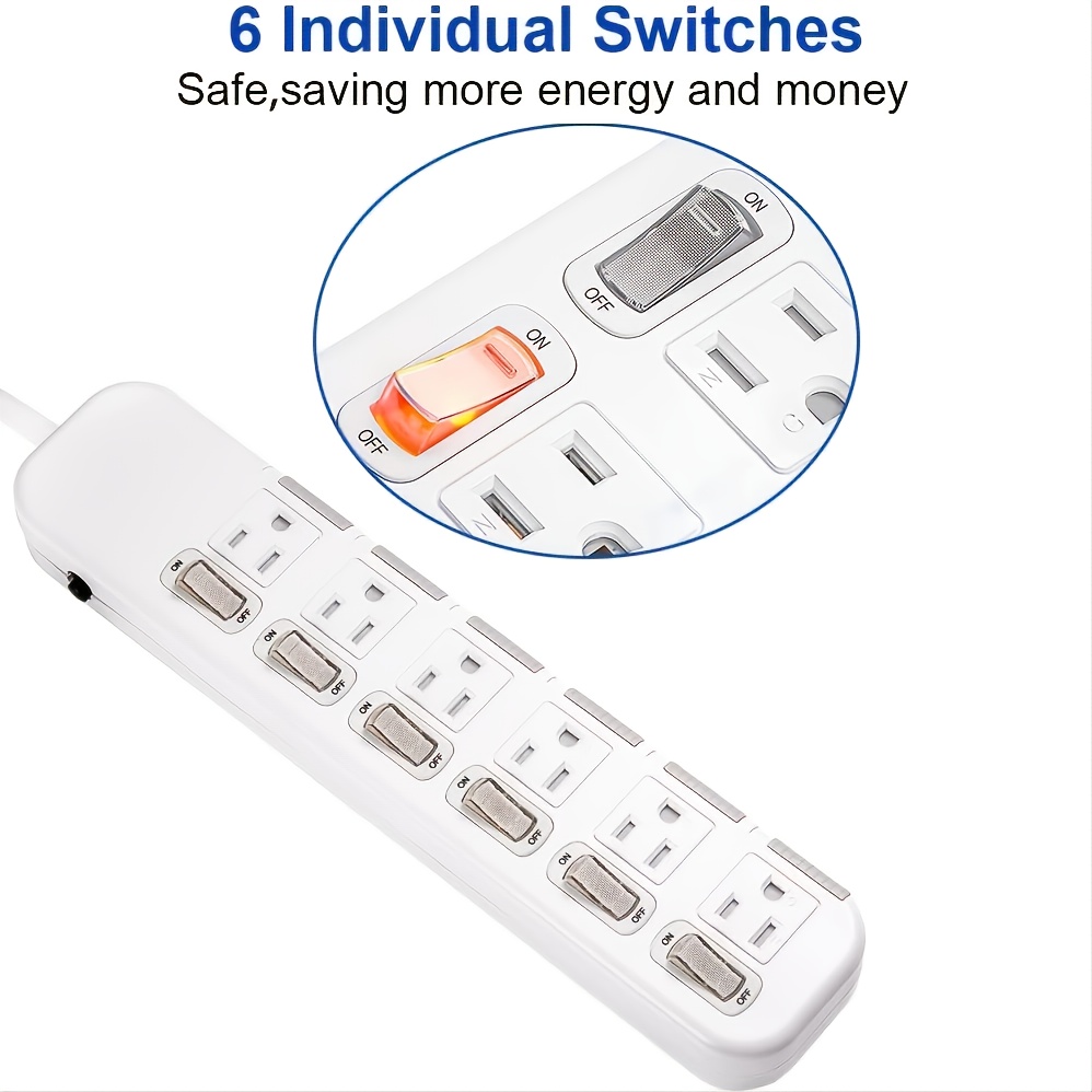 Flat Plug Power Strip Individual Switches, Extension Cord 6 feet, 3  Outlets, Surge Protector 300J, White, Baby Proof Outlet Cover