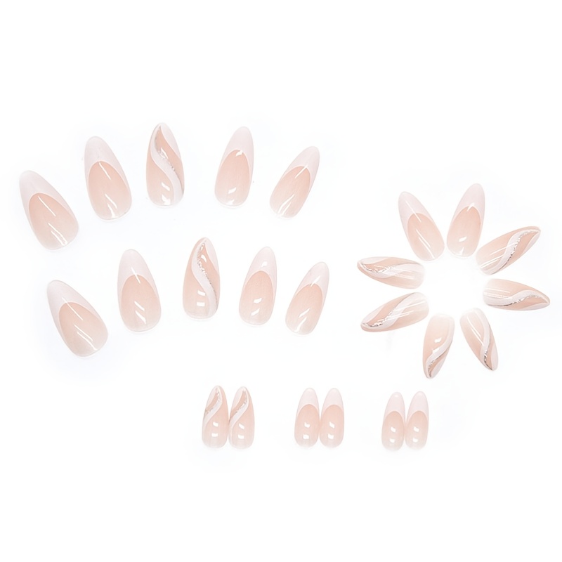 24pcs white french tips press on nails medium almond fake nails with white and glitter line design glossy full cover false nails for women and girls details 2