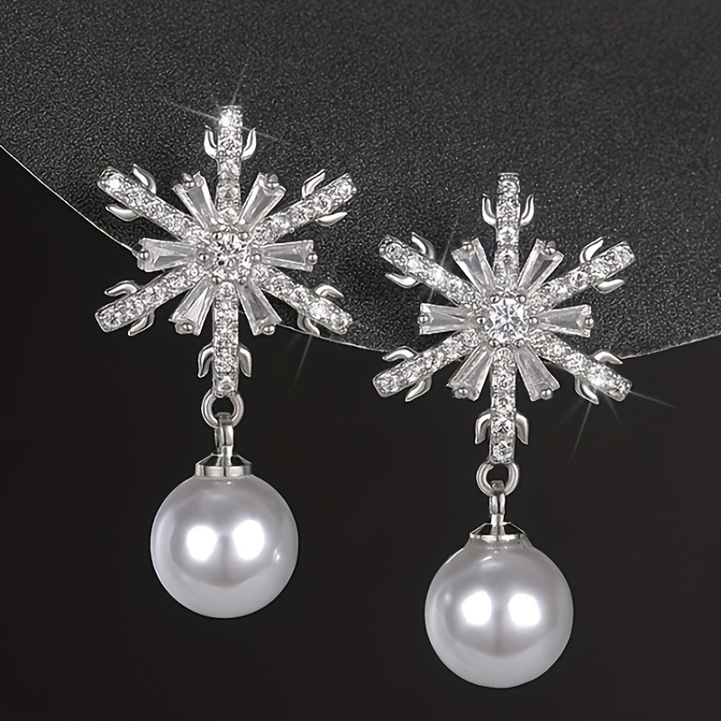 

1pair Snowflake Earrings, With Pearl Pendant, For Gifts