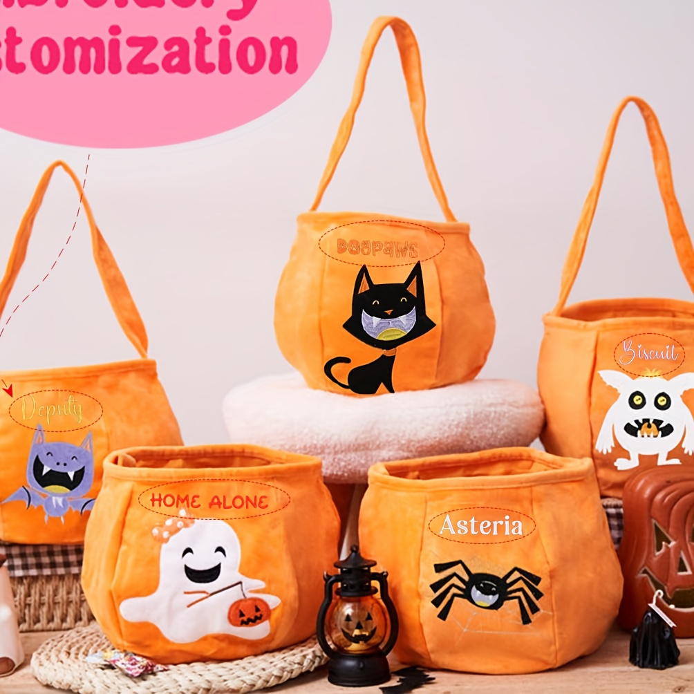 

Customizable Embroidery Candy Bag, Polyester, Cute Pumpkin & Skeleton Design, Portable Shoulder Strap, Lightweight, Foldable, Open Top, Wet Wipe Clean, For Trick-or-treat & Decor