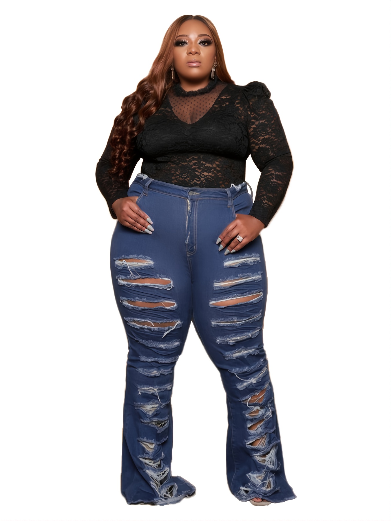 Plus Size Ripped High Flared Jeans Women's Plus Casual - Temu