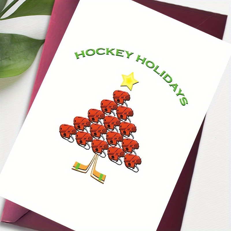 

5-pack Christmas Greeting Card Set - Hockey Holidays Themed Tree Design For Sports Fans & Enthusiasts - Seasonal Note Cards For Family, Friends & Colleagues