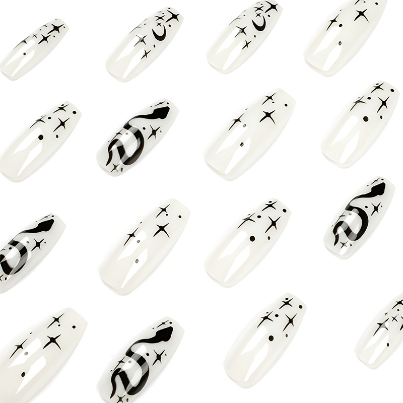 24 Pcs White Coffin Nails with Black Star Moon Snake Designs - Full Cover  Stick on Nails for DIY Nail Art Decorations