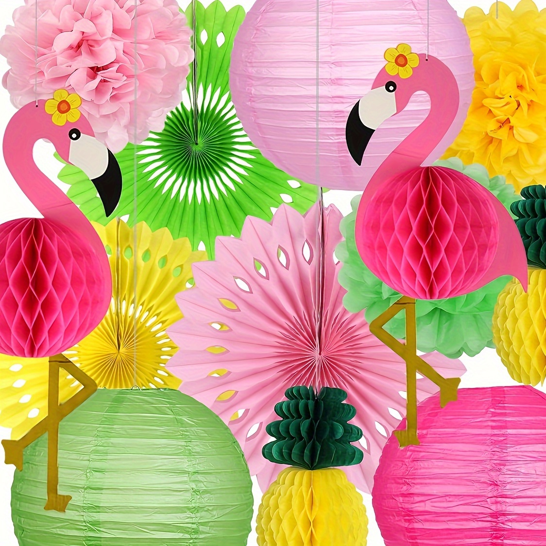 

13-piece Flamingo & Pineapple Party Piece - Hawaiian Luau Decorations With Honeycomb Lanterns, Paper Fans, Pom Poms & Flowers For Tropical Birthday & Bachelorette Celebrations