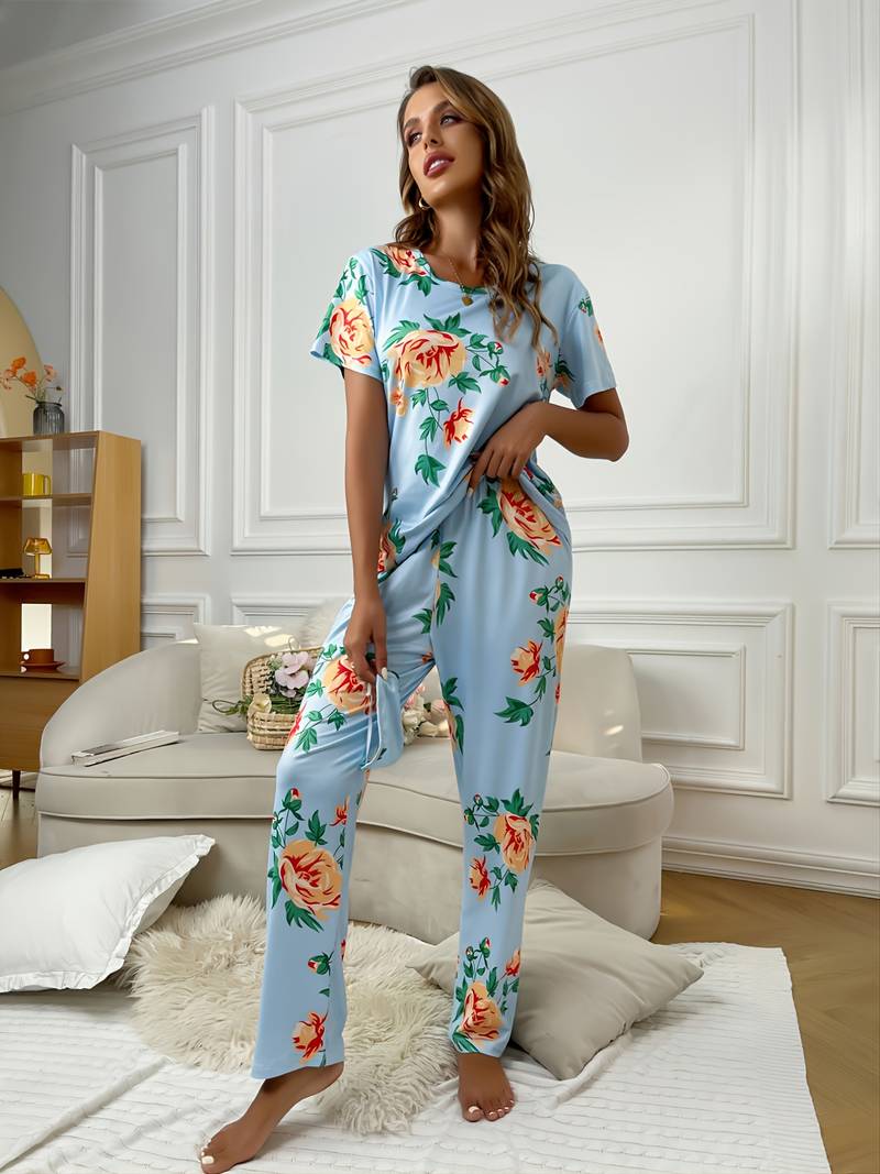 Elegant Floral Print Pajamas, Short Sleeve Pajama Top & Pajama Pants ...