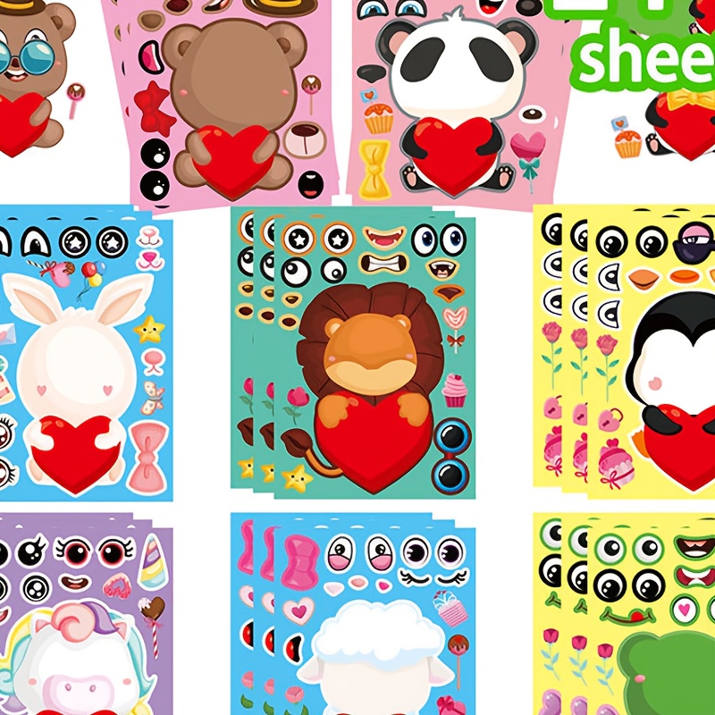 

24 sheets 8.3"x5.9" valentine's Day make-a-face Sticker, Animal Themed Valentine's Day Decal For Envelope Card Decor, Make Your Own Embracing Love Heart Animals Decal For Party Favors