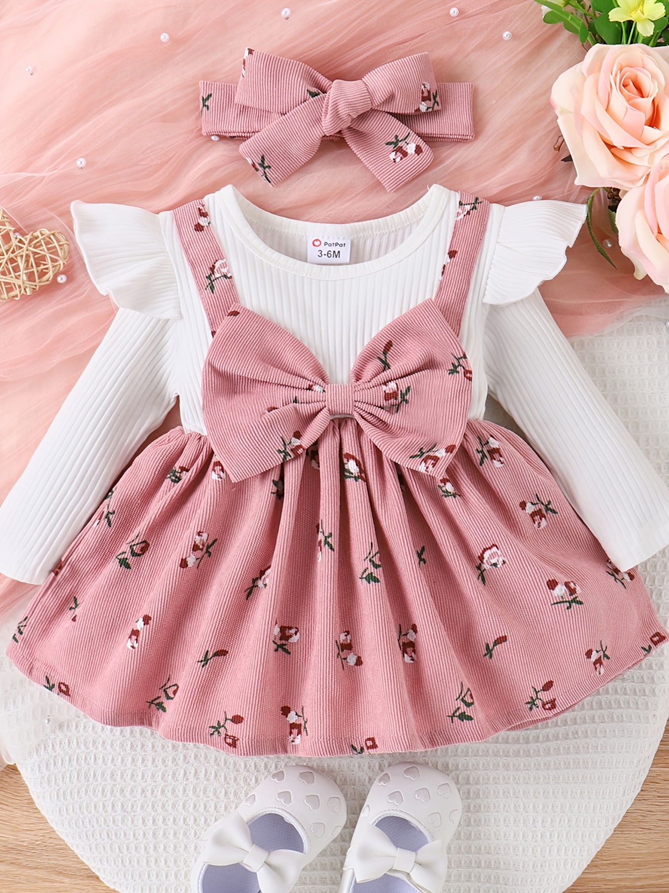 Patpat 2pcs Baby Girl Cute Floral Print Big Bow Front Pleated Dress with Headband Set,Temu