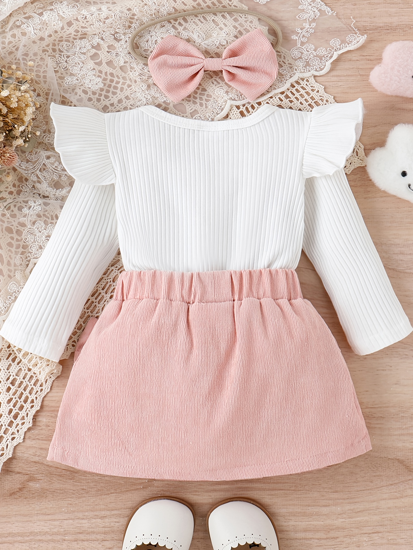 3pcs Baby Girl Solid Ruffle Trim Long-sleeve Tee and Suspender Shorts with Headband Set