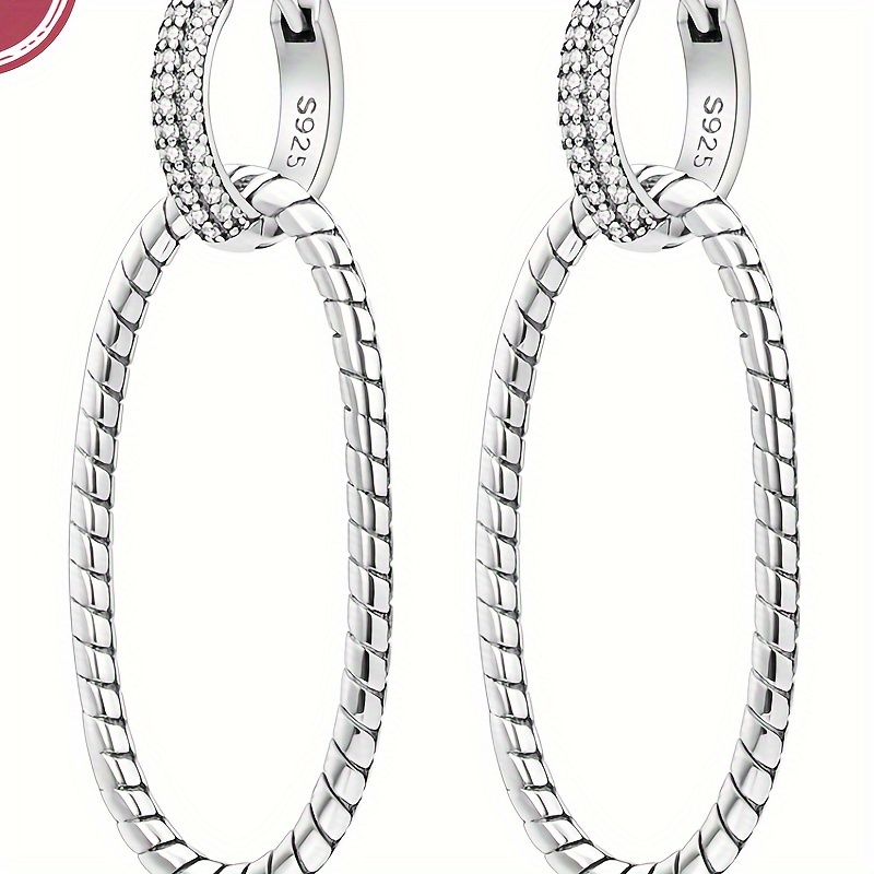 

925 Sterling Silver Elliptical Double Ring Inlaid Snake Pattern Ear Buckle Earrings Charms For Women Fashion Accessories Holiday Gift Fine Jewelry 1 Pair Of Earrings