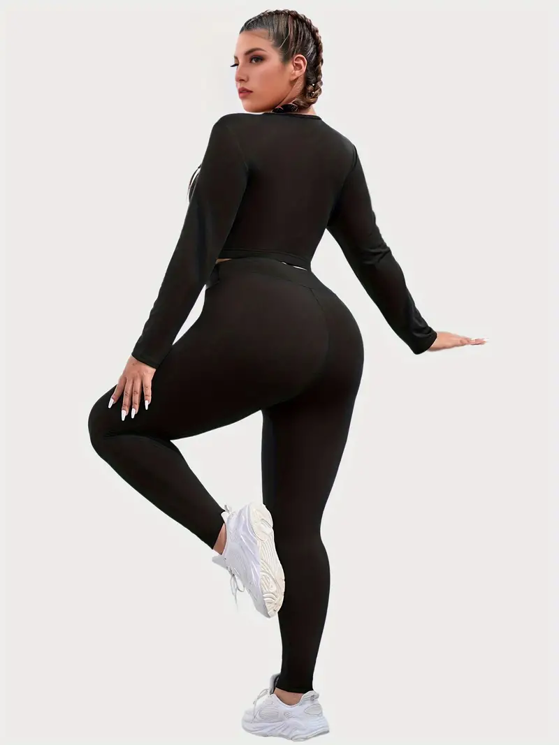plus size sports outfits two piece set womens plus cut out solid long sleeve round neck high stretch top leggings outfits 2 piece set details 3