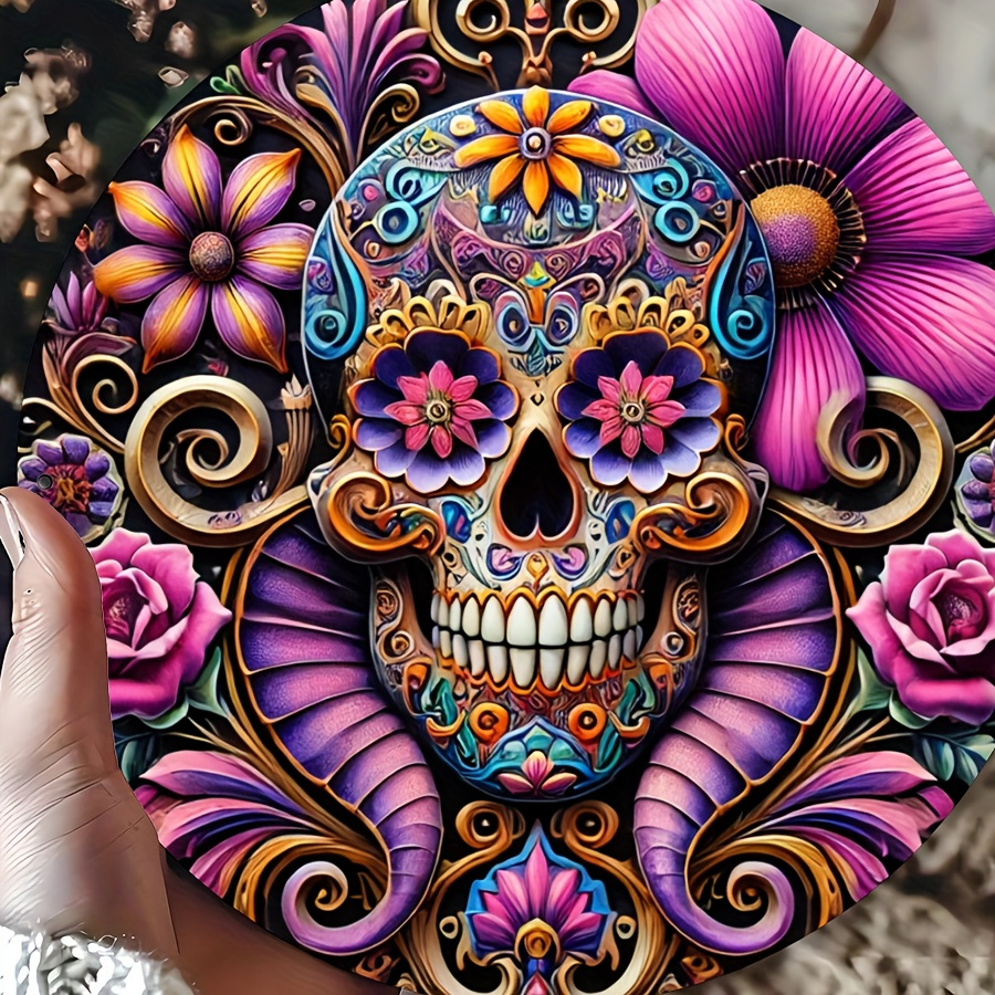 

Day Of The Dead Sugar Metal Art Set, 1 Piece 8 Inch Round Iron Wall Decor, Dia De Los Muertos Themed Wreath Sign For Home & Cafe Wall Hanging, Corridor & Entryway Decoration