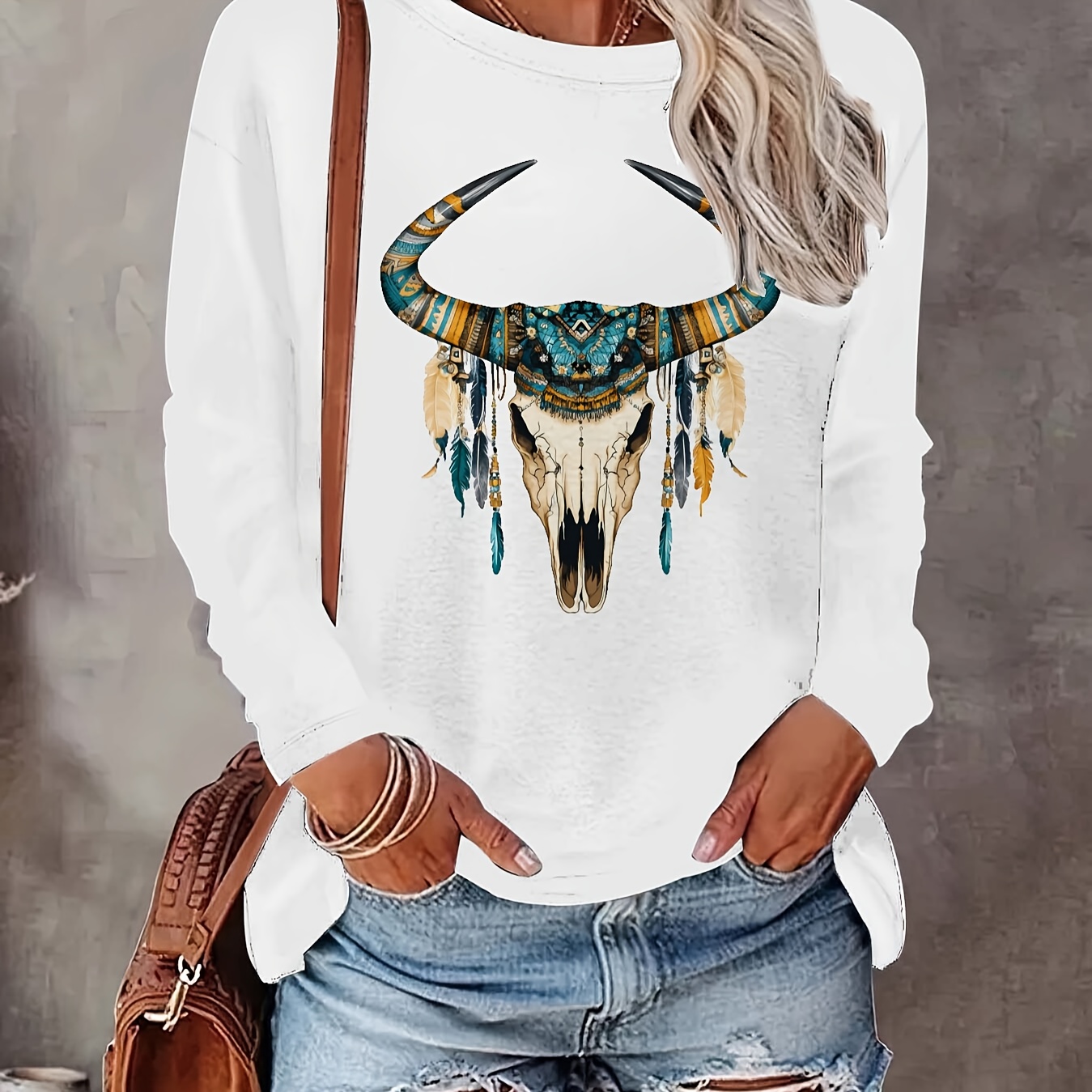 

Vintage Cow Skull Western Cowboy Print Women's Casual Long Sleeve Top - Women's Clothing, ,