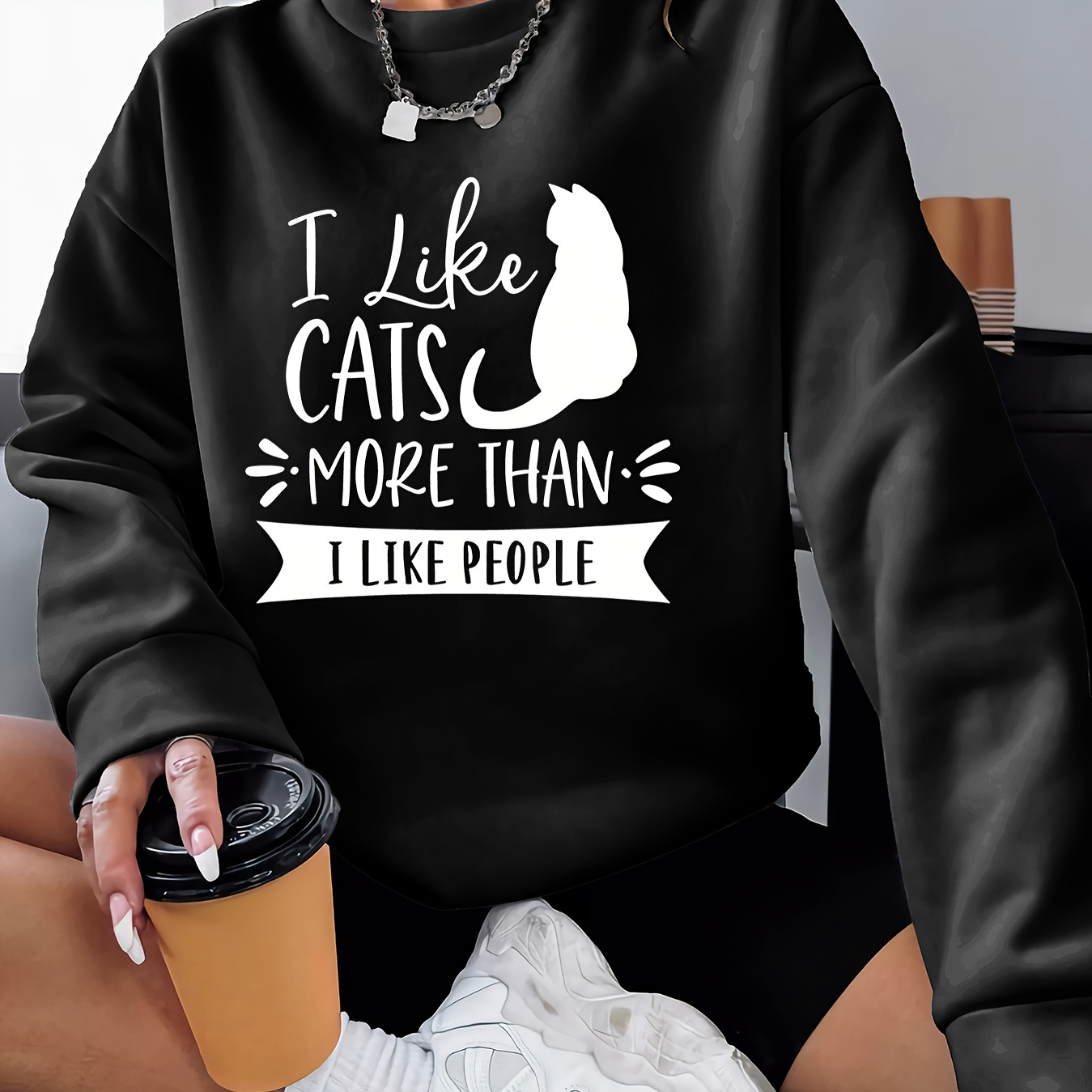 

Cat Lover Graphic Crew Neck Sweatshirt, 100% Polyester Knit Fabric, Lightweight Slight Stretch Pullover, Casual Sport Style, Easy Care Durable Comfort Fit, Adult Fall/winter Active Sweatshirt