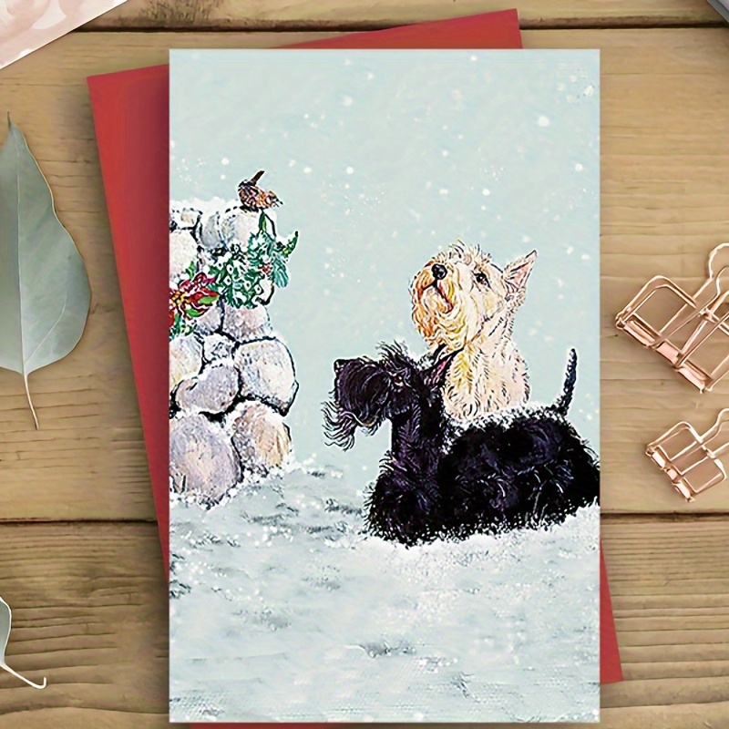 

1pc, Christmas Card, Depicting 2 Scottish Terriers In The Snow. 1 Dog Is White And The Other Is Black, Suitable As Gift Cards For Family And Friends