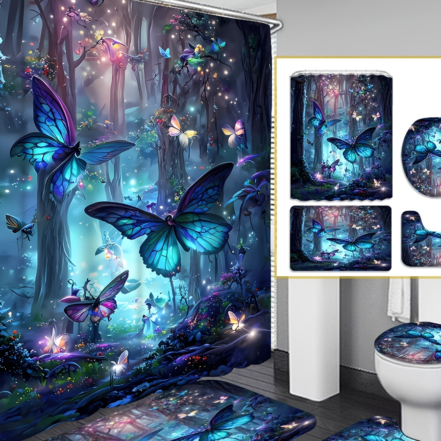 

4pcs Forest Curtain Shower Curtain Decoration, Beautiful Housewarming Gift Decoration, Waterproof Shower Curtain And Toilet Floor Mat Three-piece Set With 12 Shower Curtain Hooks