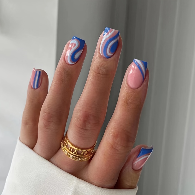 Royal Blue Press on Nails Square Short Fake Nails with Designs Solid Color  Full Cover False Nails with Nail Glue Electric Blue Acrylic Nails Glossy
