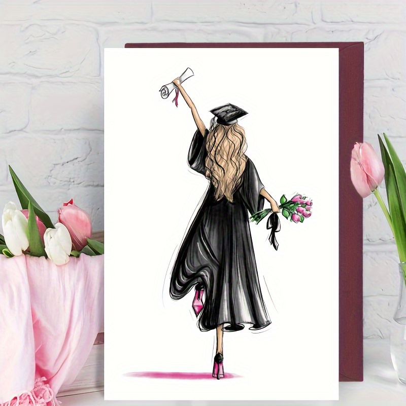 

1pc Elegant Female Graduate Greeting Card - Black Bachelor's Uniform With Cap Design For Any Occasion Graduation Gift