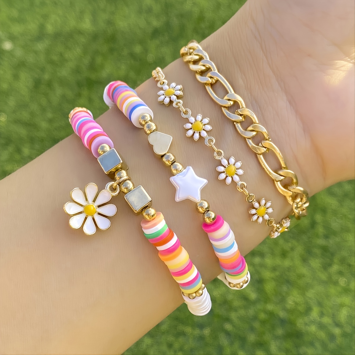 4pcs Girls Star & Heart Decor Beaded Bracelet