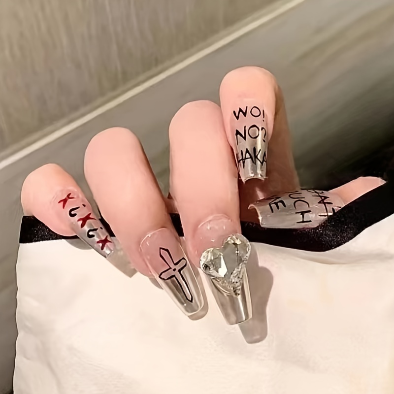 Magic Mirror Silver Gradient Press On Nails, Punk Style Fake Nails With  Symbol Letter Design, Glossy Full Cover Big Heart Rhinestone False Nails  For Women And Girls - Temu Australia