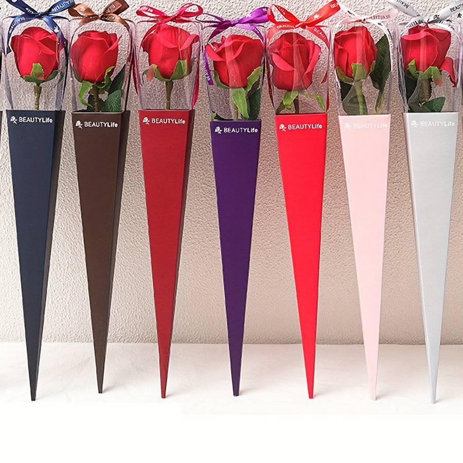 

10pcs Valentine's Day Pvc Folding Bouquet Gift Boxes - Diy Rose Single Stem Packaging With Clear Viewing Panel & Ribbon, Assorted Colors For Arrangements, Bouquet Accessories