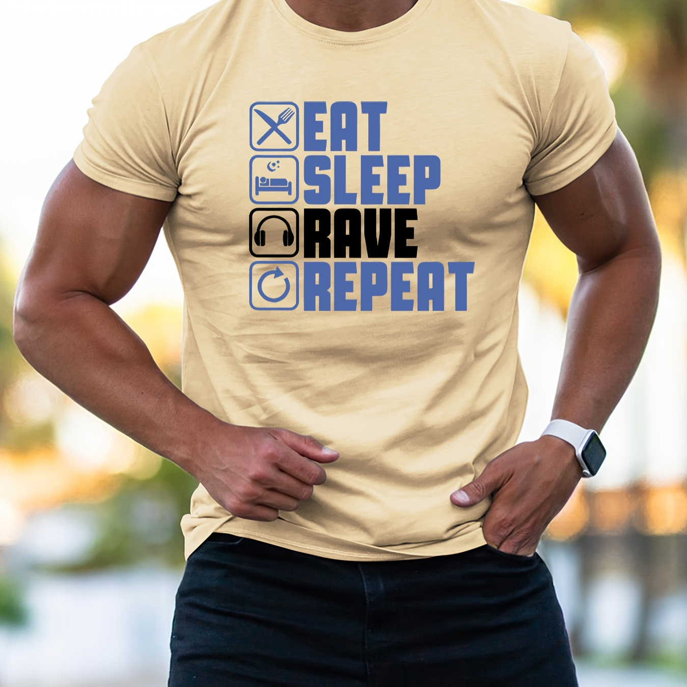 

Eat Sleep Rave Repeat Print Tee Shirt, Tees For Men, Casual Short Sleeve T-shirt For Summer